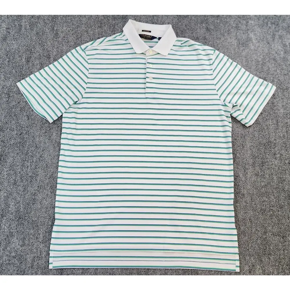 Ralph Lauren Polo Golf Shirt Mens Large White Green Striped Performance Golf